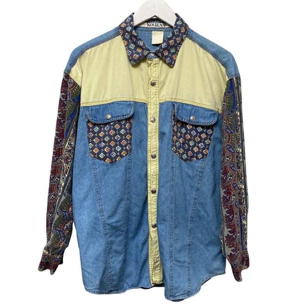 Vintage Denim Shirt M/L Patchwork Western Snap Buttons Blue Womens Button Up